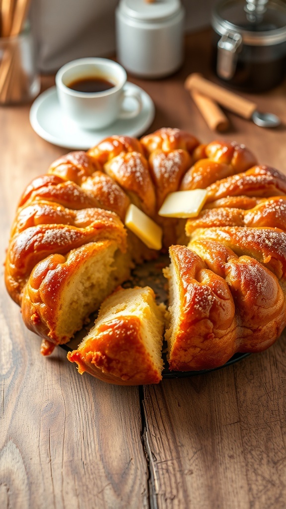 Golden-brown monkey bread in a 9x13 pan, with pieces pulled apart, showcasing its fluffy texture and cinnamon sugar coating.